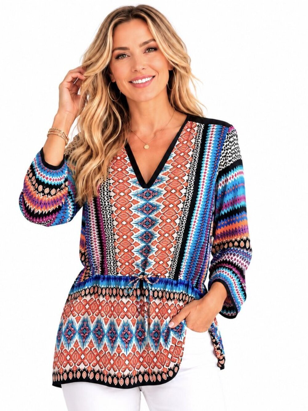 Tolani Aztec Print Silk Tie Waist Tunic Top